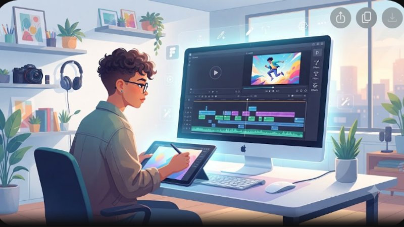Современная иллюстрация с интерфейсом программы для монтажа видео на экране монитора в минималистичном стиле
